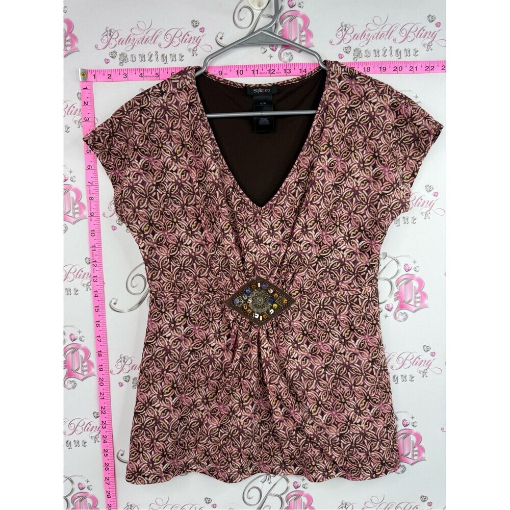 Style & Co. Tee Pink and Brown Patterned V-Neck Top with Embellished Waist